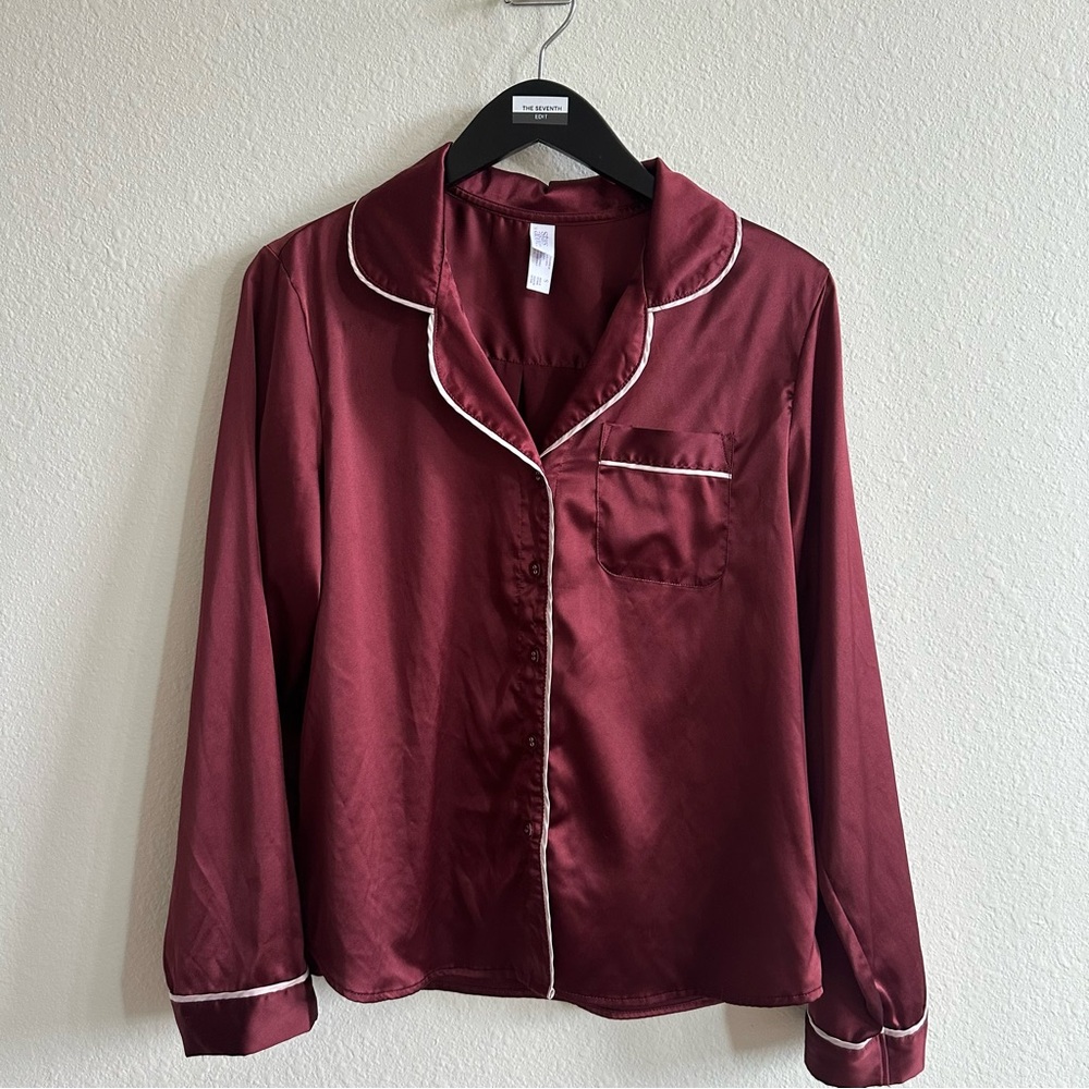Stars Above Maroon Satin Pajama Top with White Trim